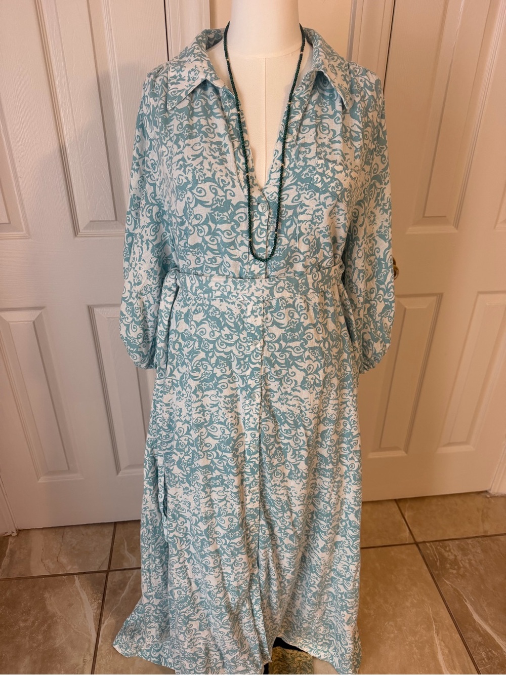 Anthropologie Teal and White Floral-Print Maxi Shirt Dress